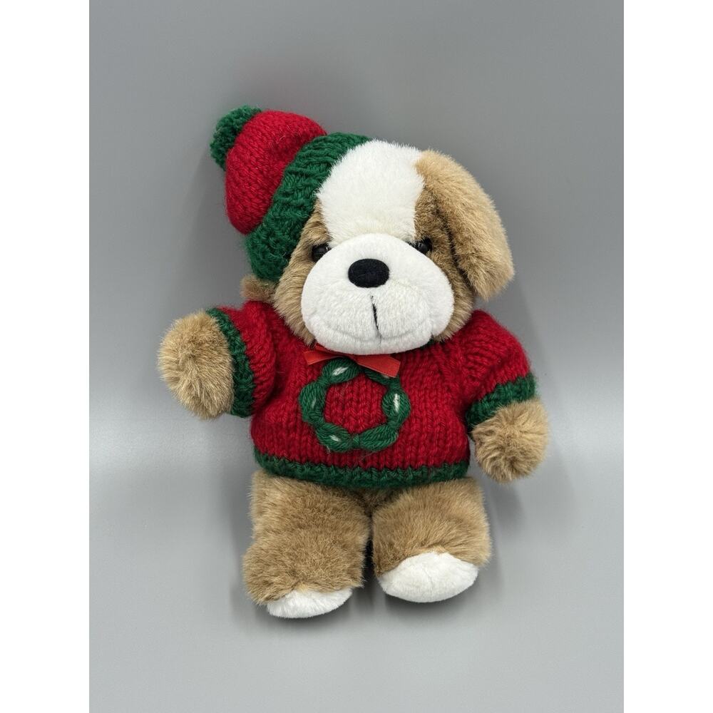Vintage Christmas Dog Stuffed Animal Plush In Knitted Sweater 8” Fine Toy Co.